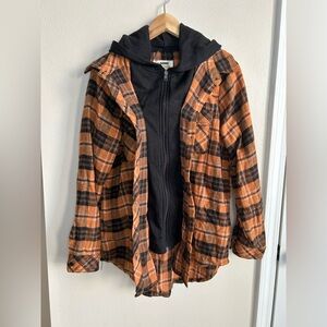 Ci Sono Plaid Full Zip Button Down Flannel Sweatshirt Hood Orange Black Size XL